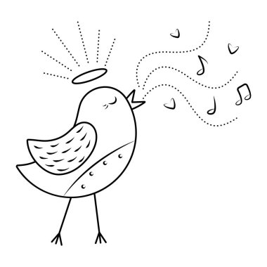 Black and white singing nightingale, magical vector monochrome illustration of an angel bird
