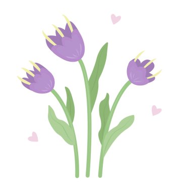 Üç mor çiçek, sevimli kawaii illüstrasyonu