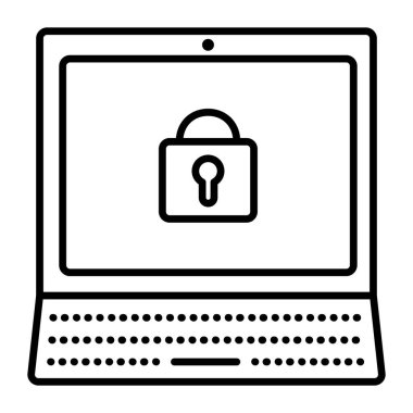 PC güvenlik siyah çizgi vektör simgesi, kilitlenmiş bilgisayar, siber korumanın piktogramı