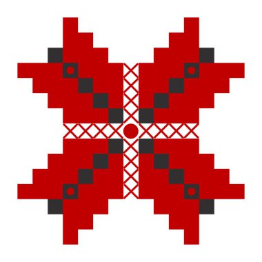 Siyah ve kırmızı renklerde Ukrayna geleneksel nakışı, folklor süsü, dört yapraklı tek çiçek ve bir haç.