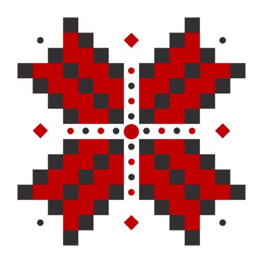 Yaratıcı Ukrayna nakışı siyah ve kırmızı renkler, dört yapraklı halk çiçeği ve bir haç.