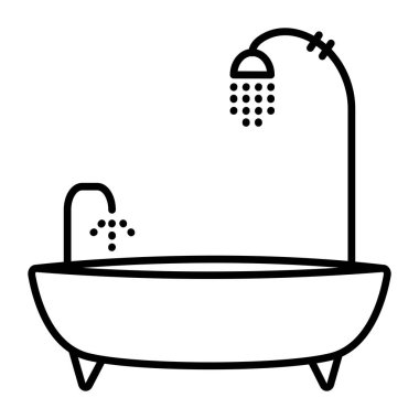 Banyo: bacaklı küvet, musluk ve duş hortumu. Ön görünüm, vektör siyah çizgi illüstrasyonu, ana hatlı tek renk işareti