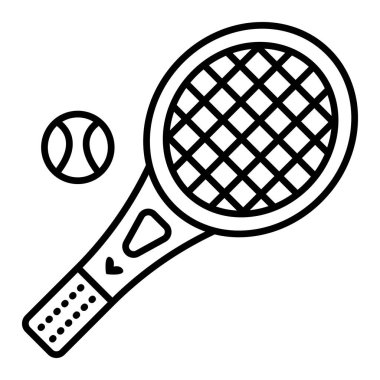 Tenis raketi ve top. Vektör monokrom çizimi, spor aksesuarları ikonu, düzenlenebilir vuruş