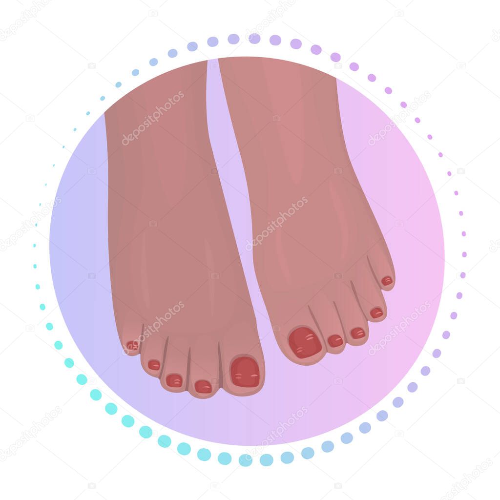 Two women's feet with pedicure, red nail polish, vector gradient sign, round colorful illustration