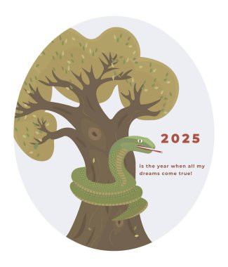 2025 year symbol, green snake wraps around a tree, vector colorful illustration with optimistic text clipart