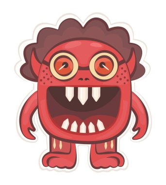 Kızgın moda canavar çıkartması, vektör kırmızı kötü karakter, hippi ve garip avatar, moda funky illüstrasyon