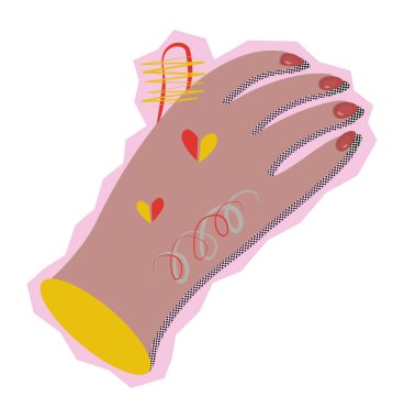 Yarım tonlu elementlere sahip renkli el, yalanın son moda y2k sembolü, sahte haber, retro pop sanat tarzı, psikedelik tabela, gazete ve yırtık kağıt efektli çıkartma, 90 'ların grunge vintage illüstrasyonu.