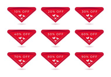 Beyaz kalpli kırmızı indirimli üçgen pankartlar, bir çok yüzdelik çeşitlilikte kuponlar,% 10 'dan% 90' a, web sitenizdeki satışları arttırmak için üçgen düğme, vektör renk çizimleri