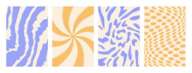 Modaya uygun 70 'lerin mavi ve sarı posterleri. Dört modaya uygun psikedelik kart, Y2k estetik vektör arka planı, çarpık ya da çarpık efekt