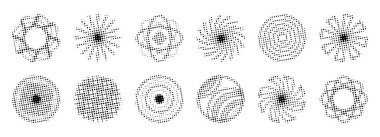 Siyah noktalı yarım ton daire seti, modaya uygun klasik yuvarlak şekiller, vektör retro radyal formlar, grunge etkisi tek renkli gradyanlar, modern soyut arkaplanlar