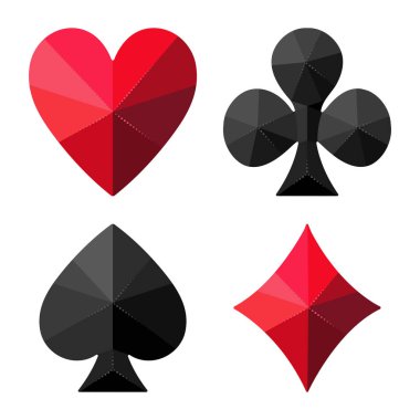 Four suits of playing cards: hearts, clubs, spades, diamonds. Set of vector illustrations in shapes of crystals, royal premium glossy icons
