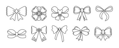 Siyah çizgi yay seti, farklı varyasyonlarda vektör monokrom işaretleri, düzenlenebilir vuruşlarla basit şenlikli bowknot karalama koleksiyonu