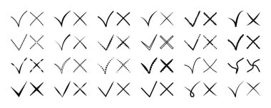 Siyah monokrom işaretleri ve haçlar, işaret kutuları ve oy belgeleri için işaretler ve X çizgisi simgeleri. Farklı varyasyonlarda vektör onayı ve reddetme işaretleri