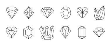 Gemstone ve kristaller çeşitli şekillerde, vektör siyah çizgi simgesi seti, düzenlenebilir felç. Mücevher monokrom tabelaları, ana hatlı elmaslar ve yüzlü taşlar koleksiyonu