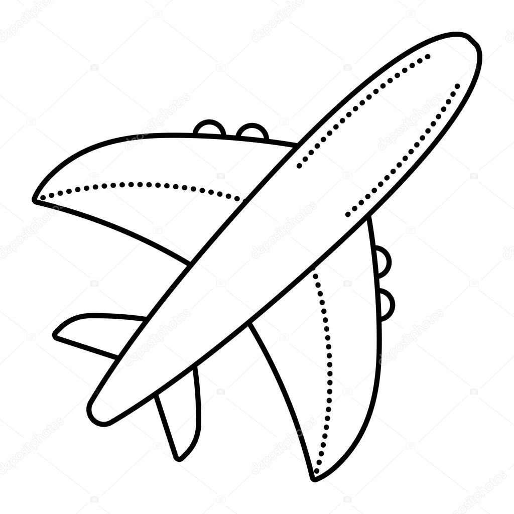 Airplane black line and dotted icon, vector monochrome outline plane sign, single aircraft pictogram with editable stroke