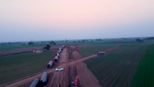 Vue Par Drone Pipeline Eau Avec Construction Machines Compactage — Video