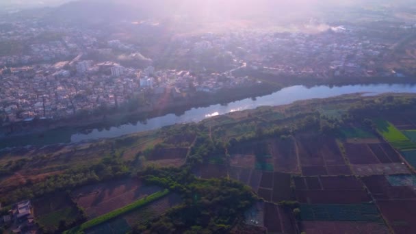 Aerial View Evening Cityscape River — Stok video
