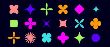 Grafik tarzı elementler. Geometrik tasarım ögesi, sembol, şablon, çizgi grafiği, web tasarımı, minimalist geometrik işaret, yıldız, çiçek, şekil, soyut form. Vektör İllüstrasyonu