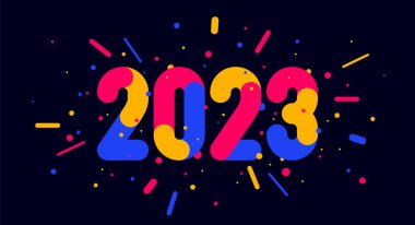 2023. - Mutlu yıllar. Tebrik kartı, afiş, üzerinde 2023 yazıları olan poster. Geometrik parlak stil mutlu yeni yıl 2023 için. Geçmiş, mutlu yeni yıl sembolü ağ, baskı. Vektör İllüstrasyonu
