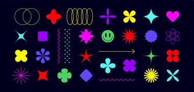 Fütürist grafik formu. Geometrik tasarım ögesi kümesi, şekil sembolü, grafik, web tasarımı, minimalist geometrik işaret, yıldız, çiçek, soyut form koleksiyonu. Vektör İllüstrasyonu