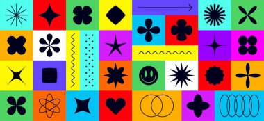 Konsept tasarım için soyut grafik öğeler. Şekil sembolü, desen, grafik seti geometrik formu, grafik, web tasarımı, minimalist işaret, yıldız, çiçek, soyut form koleksiyonu. Vektör İllüstrasyonu