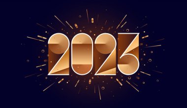 Mutlu yıllar 2023. Geometrik parlak stil mutlu yeni yıl 2023 için. Tatil geçmişi, mutlu yıllar web ve basım sembolü. Tebrik kartı, afiş, üzerinde 2023 yazıları olan poster. Vektör İllüstrasyonu