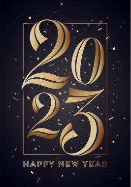 2023, mutlu yıllar. Altın Yeni Yıl tatili için üzerinde 2023 yazan tebrik kartı. Mutlu Yıllar ya da Mutlu Noeller için altın gibi parlak bir stil. Tatil altın arka planı, afiş. Vektör İllüstrasyonu