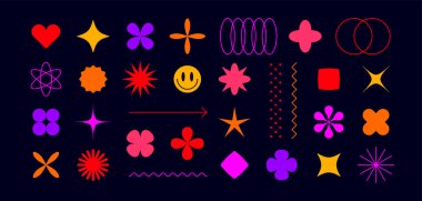 Konsept tasarım için soyut grafik öğeler. Şekil sembolü, desen, grafik seti geometrik formu, grafik, web tasarımı, minimalist işaret, yıldız, çiçek, soyut form koleksiyonu. Vektör İllüstrasyonu