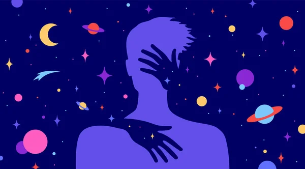 Σύγχρονος Επίπεδος Χαρακτήρας Χέρια Αγκαλιάζουν Σιλουέτα Του Ανθρώπου Ονειρικό Σύμπαν — Διανυσματικό Αρχείο