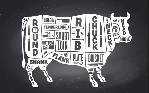 Cow Beef Scheme Diagram Chart Beef Butcher Guide Vintage Retro — Stock Vector