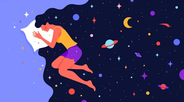 拥有梦想世界的女人一个简单的性格 女人睡在床上与宇宙的星星行星 月亮星 夜空在宇宙的头发 女性角色在梦中 平面图形 病媒图解 — 图库矢量图片