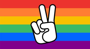 Gurur, LGBT bayrağı. Poster, pankart veya LGBT 'nin Gökkuşağı bayrağı. Gurur için renkli gökkuşağı lgbt bayrağı. Arka planda el işareti olan altı renkli gökkuşağı tişörtü için yazdır. Vektör İllüstrasyonu