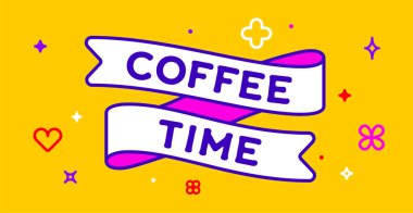 Kurdele ve pankart kahve zamanı. Kurdeleli tebrik kartı ve kahve zamanı. Sarı arka planda kahve saati yazılı kart için son moda Barbi tarzı barbiecore kurdele afişi. Vektör İllüstrasyonu