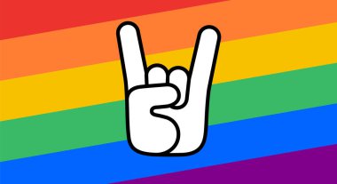 Gurur, LGBT bayrağı. Poster, pankart veya LGBT 'nin Gökkuşağı bayrağı. Gurur için renkli gökkuşağı lgbt bayrağı. Arka planda el işareti olan altı renkli gökkuşağı tişörtü için yazdır. Vektör İllüstrasyonu