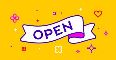 Kurdele ve pankart açık. Kurdeleli tebrik kartı ve Açık Kelime. Renkli sarı arka planda açık metinli Barbi tarzı Barbiecore kurdele afişi. Vektör İllüstrasyonu