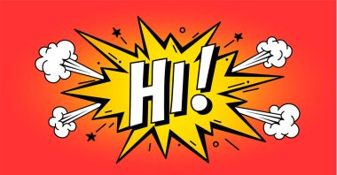 Bang Boom Hitap Baloncuğu ile mesaj. Merhaba. Pankart, konuşma balonu, poster ve çıkartma konsepti, geometrik stil ve metin. Patlama tasarımı, konuşma balonu, afiş için mesaj. Vektör İllüstrasyonu