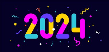 2024. Mutlu yıllar için tebrik kartı, afiş, poster ve çıkartma, 2024 yazısıyla bayram geometrik tarzı. Tatil konfetili mektup kartı, davetiye kartı 2024, web pankartı. Vektör İllüstrasyonu