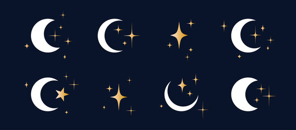 Moon with stars set. Half moon, crescent with star, night sky background. Half moon symbol, graphic elements, light star shapes graphic, boho witch mystic crescent icon collection. Vector Illustration