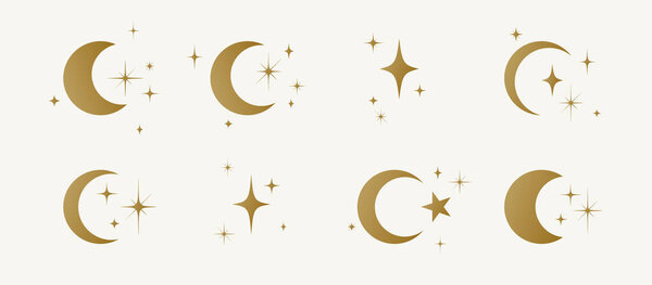 Луна с закатом звезд. Полумесяц, полумесяц со звездой, ночное небо. Полумесяц символ, графические элементы, светлая звезда формы графические, ведьма ведьма мистический полумесяц иконы коллекции. Векторная миграция