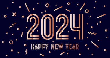 2024. - Mutlu yıllar. Mutlu yıllar 2024 yazılı tebrik kartı. Konfeti havai fişekleri parlak stil Mutlu yıllar, Mutlu Noeller. Tatil geçmişi 2024, afiş, poster. Vektör İllüstrasyonu