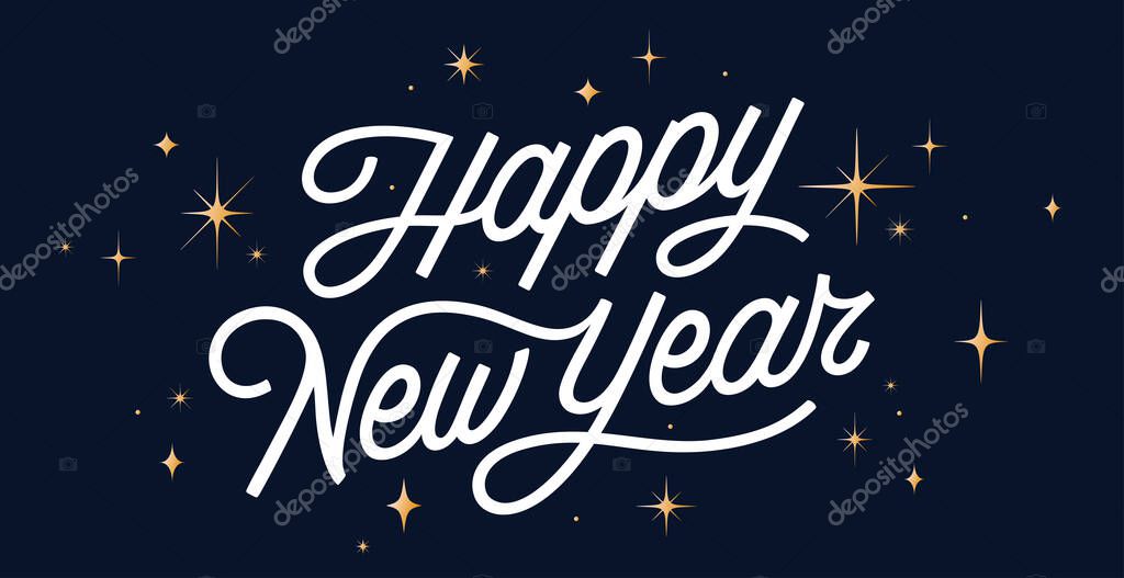 Lettering. Happy New Year. Lettering text, calligraphy handwriting for christmas happy new year. Holiday christmas background, happy new year symbol for web, print. Greeting card. Vector Illustration
