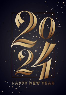 2024, mutlu yıllar. Altın Yeni Yıl tatili için üzerinde 2024 yazan tebrik kartı. Altın gibi parlak tasarım, Mutlu yıllar 2024, Mutlu Noeller. Tatil altın arka planı, afiş. Vektör İllüstrasyonu