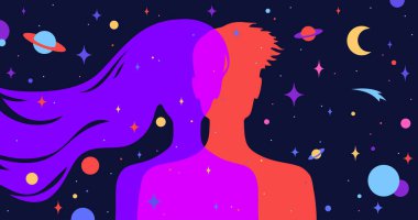 Birkaç kadın, erkek rüyası. Modern düz karakterli siluet kadın, rüya evrenli erkek, kozmos, yıldızlar arka plan. Karakter çifti, hayal gücü, evren yıldızlı gece. Vektör illüstrasyonu