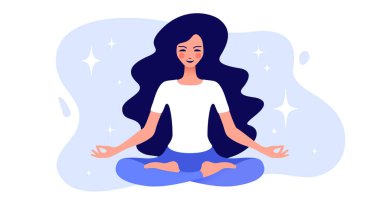 Yoga yapan kadın meditasyon pozu. Yoga Lotus meditasyonu pozunda oturan güzel kadın, rahatla, beyaz arka planda nefes al. Egzersiz yapan, yoga yapan, yaşam tarzı olan hoş bir kadın. Vektör illüstrasyonu