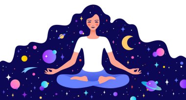 Yoga yapan kadın meditasyon pozu. Yoga Lotus meditasyonu pozunda oturan güzel kadın, rahatla, beyaz arka planda nefes al. Egzersiz yapan, yoga yapan, yaşam tarzı olan hoş bir kadın. Vektör illüstrasyonu