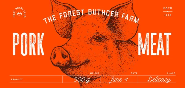 Schweinefleisch Schweinekopf Fleischkennzeichnung Template Meat Etikett Vorhanden Vintage Print Tag — Stockvektor