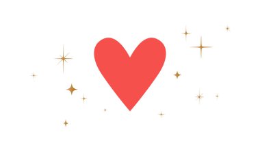 Kalp işareti, yıldızlı aşk sembolü. Yıldızlı, beyaz arkaplanlı kalp ikonu aşkı. Basit kırmızı kalp aşk emojisi sembolü, grafik altın yıldızlar, sevgililer günü kartı, düğün kartı. Vektör İllüstrasyonu