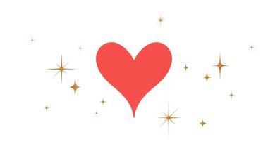 Kalp işareti, yıldızlı aşk sembolü. Yıldızlı, beyaz arkaplanlı kalp ikonu aşkı. Basit kırmızı kalp aşk emojisi sembolü, grafik altın yıldızlar, sevgililer günü kartı, düğün kartı. Vektör İllüstrasyonu