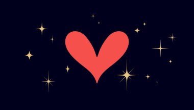 Kalp işareti, yıldızlı aşk sembolü. Kalp ikonu aşkı, yıldız, siyah arkaplan. Basit kırmızı kalp aşk emojisi sembolü, grafik altın yıldızlar, sevgililer günü kartı, düğün kartı. Vektör İllüstrasyonu