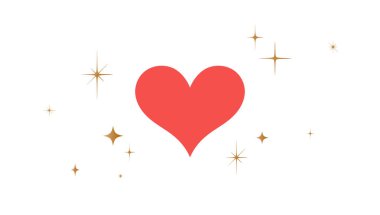 Kalp işareti, yıldızlı aşk sembolü. Yıldızlı, beyaz arkaplanlı kalp ikonu aşkı. Basit kırmızı kalp aşk emojisi sembolü, grafik altın yıldızlar, sevgililer günü kartı, düğün kartı. Vektör İllüstrasyonu